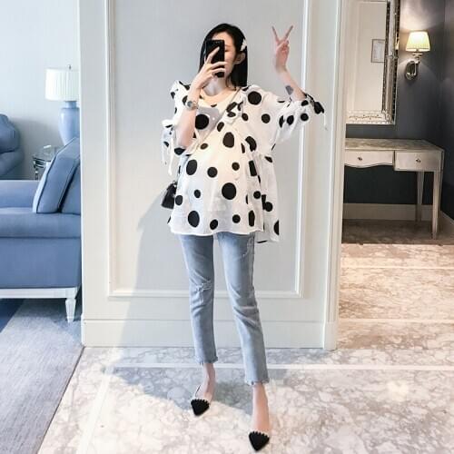 7022# Maternity Clothes Summer Short Sleeve Dot Easy Matching Loose Stylish Tops for Pregnant Women Pregnancy Clothes