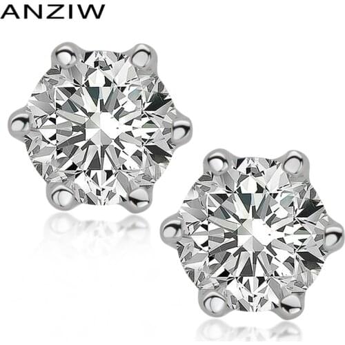 ANZIW Real Moissanite Earrings 5mm 0.5ct Diamond Stud Earring 925 Sterling Silver Classic Lab Diamond 6 Prong Earrings for Women