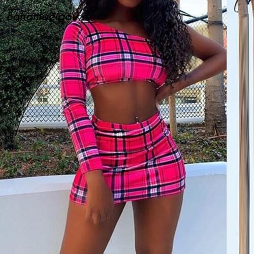 Bangniweigou Plaid School Set Two Piece One Sleeve Grid Crop Top & Tube Mini Skirt Set Party Gingham Outfits Birthday Clubwear