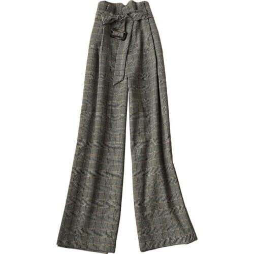 Wide Leg Pants Women Zipper Fly Loose Trousers Women 2021 High Waist Belted plaid ankle length Pants office lady