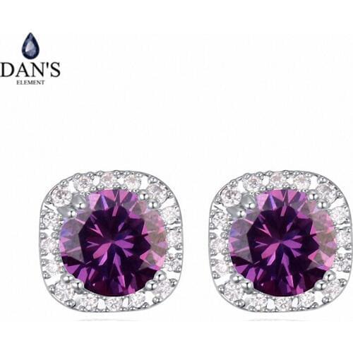 DANS 2 Colors Real Big Brand AAA Zirconia Simple Micro Inlays Fashion Stud Earrings for Women Round 114155Purple