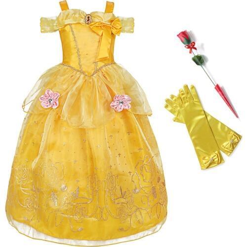 Kids Girls Belle Princess Dress up Costume Cosplay Beauty and the Beast Ball Gown Flowers Child Halloween Party Fancy Dress Girl
