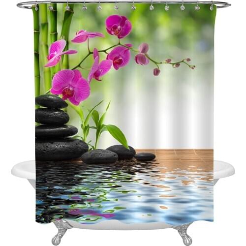 Dafeild Elegant Shower Curtain for Therapy Spa, Asian Zen Bamboo Purple Orchid Black Basalt Stones Bathroom