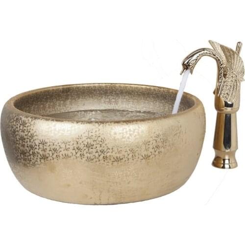 European Style Gold Round Ceramic wash basin bathroom sinks bowl +All Copper Hot And Cold Swan faucet tap