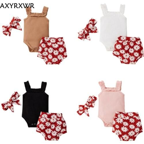 Newborn Baby Girls Clothes Set Solid Knitting Sleeveless Bodysuits Flower Shorts Headband 3Pcs Outfits Casual Infant Clothing