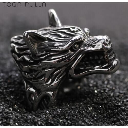 Cool Stainless Steel Angry Wolf Ring Mens Vintage Punk Biker Rings Male Nordic Viking Amulet Jewelry Gift for Him