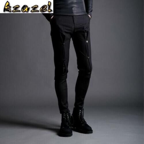 Hot 2020 spring new hook and buckle stretch slim pants Korean personality tide m fake two small bound feet casual trousers