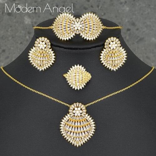 ModemAngel Luxury Disco Balls Nigerian 4PCS Necklace Bracelet Earring Ring Set For Women Wedding Indian Dubai Bridal Jewelry Set