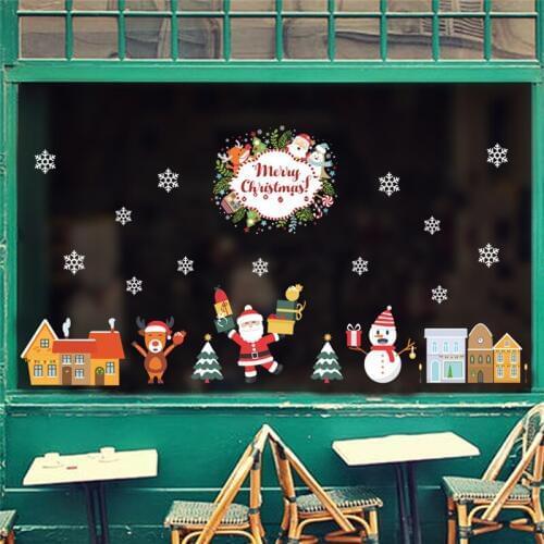 Cartoon Snowman Snowflakes Reindeer Father Christmas Wall Stickers For Shop Home Decor Festival Wall Mural Art Window Decal