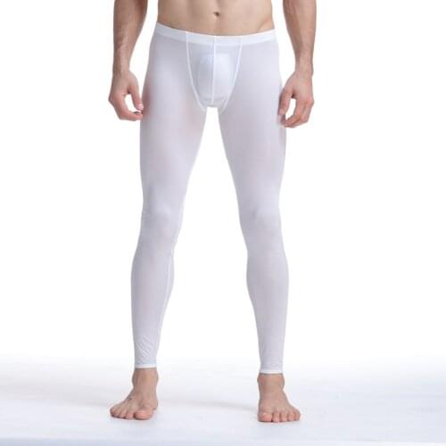 Men Long Johns Thermal Underwear Sexy Ice Silk Little See-through Ultra-thin Elastic Tights Base Layer Casual Solid Leggings New
