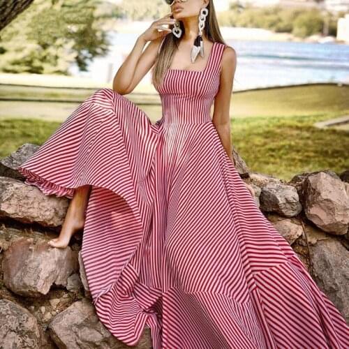 New Arrival Square Collar Slim Red Stripe Huge Swing Spaghetti Strap Long Dress Holiday Dress 210505LJ01