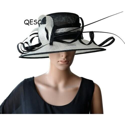 Wholesale Elegant NEW Ivory black Brim width in 13cm,sinamay wedding womens hat Fascinator with sinamay twist&ostrich spine