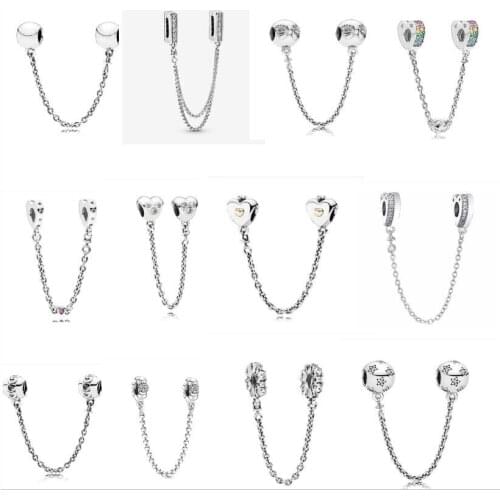 Original 925 Sterling Silver Charm Gold Color Insignia With Crystal Safety Chain Clip Beads Fit Pan Bracelet DIY Jewelry