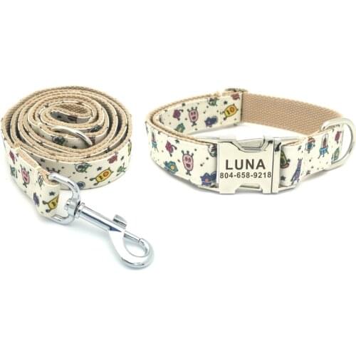 Personalized Alien Pet Collar Durable Custom Puppy Name ID Tag Adjustable Space Monster Basic Dog Collars Leash Set