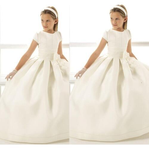White Flower Girl Dresses Bow Scoop Short Satin A Line Floor-Length Girls Pageant Dresses First Communion Dresses For Girls