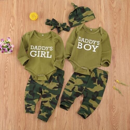 0-12M newborn baby toddler kids girls boys casual suit clothes army green long sleeve romper top + camouflage pants 2pcs outfit