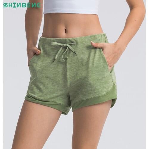 SHINBENE Naked-feel Buttery-soft Training Gym Sport Shorts Women Waist Drawstring Running Yoga Fitness Workout Pocket Shorts