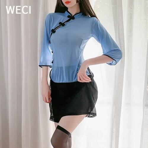 WECI China Style Student Uniform Cosplay Outfit Schoolgirl Sexy Cheongsam Lingerie Pajamas With Skirts For Women See Through Set