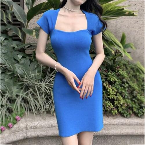 French Style Vintage Mini Dress Women Short Sleeve Slim Bodycon Sheath Knitted Dress Sexy Evening Party Club Dresses Vestidos