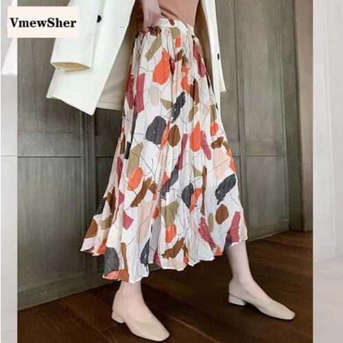 VmewSher New Elastic High Waist Irregular Women Skirt Spring Summer Chiffon Mid-Calf Chic Female Vintage Pleated Print Skirts