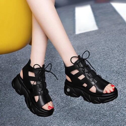 Roman sandals female Peep Toe 2021 new summer flat hollow lace-up platform shoes trend sandals high top fashion model womens