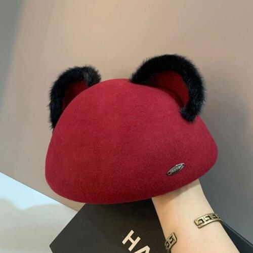 High Quality Fall Winter Rabbit Ears100% Wool Berets Hat Ladies Korean Fashion Cute Girl Painter Hat Warm Casual Felt Hat Gorro