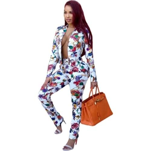 Womens Two-Piece Sexy Floral Print Jacket And Pants Suit