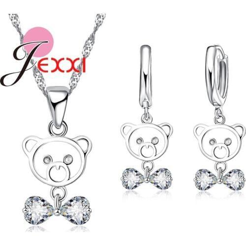 Fine Jewelry sets Fashion 925 Sterling Silver Crystal CZ Little Bear Pendant Necklace & Earrings Jewellery Set For Women