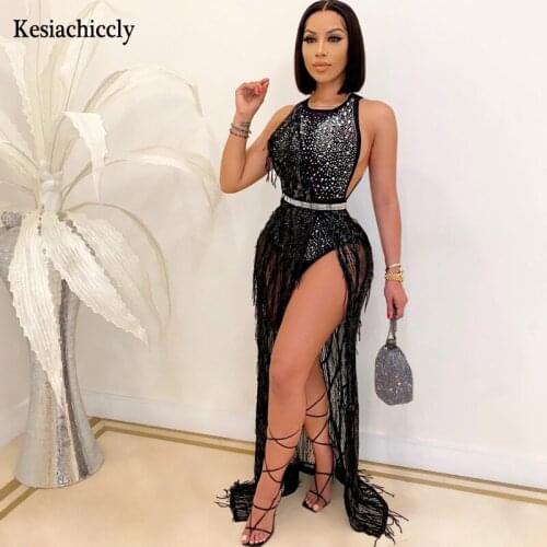 Kesiachiccly 2021 Spring Summer Tassel Sequins Dress High Spit Sashes Women Maxi Dresses Elegant Sleeveless Female Party Dresses