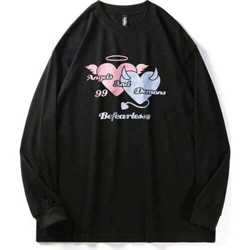 Winter Hip Hop T Shirt Men Harajuku Streetwear Punk T-shirts Long Sleeve Angel Demon Print Print Cotton Gothic Tees Sweatshirt