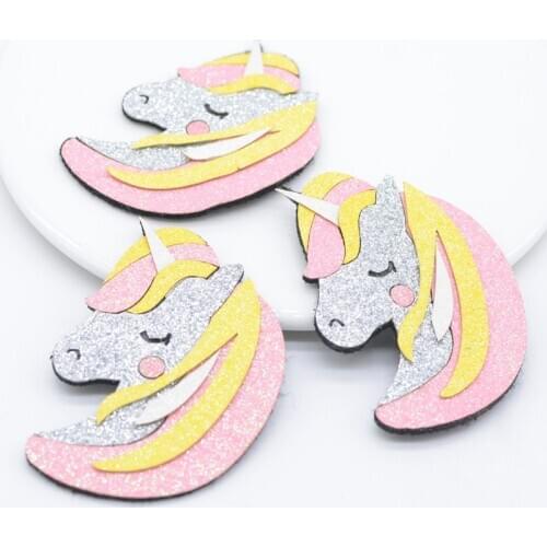 10Pcs/lots 50*70mm BIG Unicorn Felt Padded Patches Sewing-on Stick-on DIY Crafts Women Girls Hairpins Sequin Applique Supplies