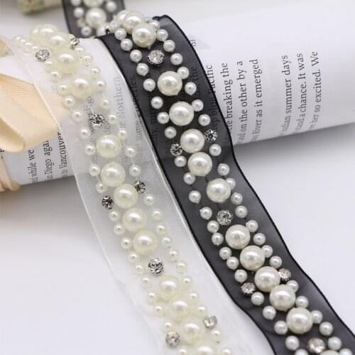10Yard Black White Pearl Beaded Rhinestones Applique Braided Lace Ribbon Organza Trim Sewing Collar Sleeve Skirt Decorative lace