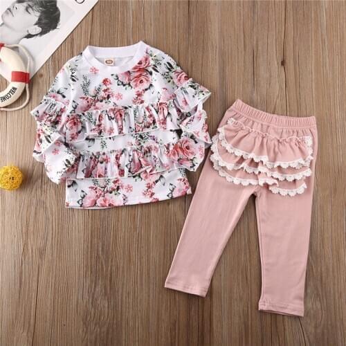 Toddler Baby Girls Autumn Clothes pullover Floral print round neck long sleeve T-Shirts Geometry Ruffle Pants 2pc kids Outfits
