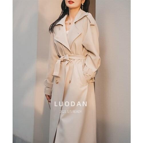 Apricot double breasted medium and long windbreaker coat womens spring and autumn 2021 new high-end waist closing thin shoulder