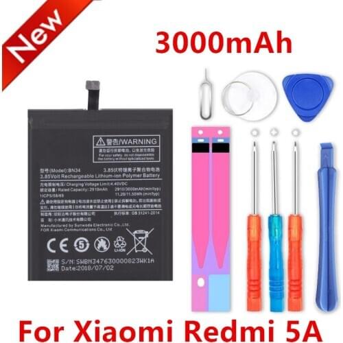 100% new BN34 3000mAh Battery For Xiaomi Redmi 5A 5.0" BN34 High Quality Phone Replacement Batteries
