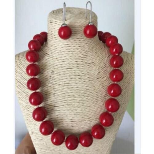 Free Shipping 14mm natural round red coral necklace 18" earrings