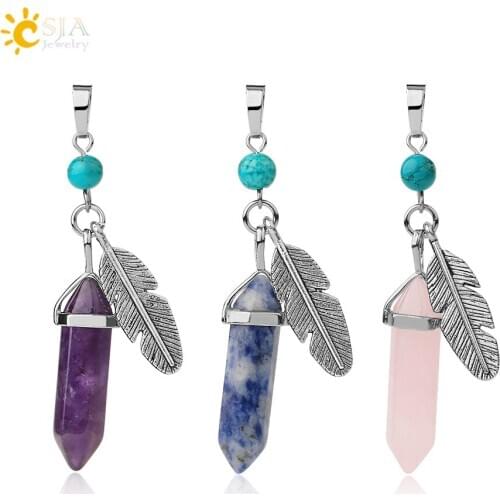 CSJA Natural Crystal Stone Hexagonal Prism Pendants Double Pointed Antique Silver Color Feather Quartz Pendant for Necklace G575