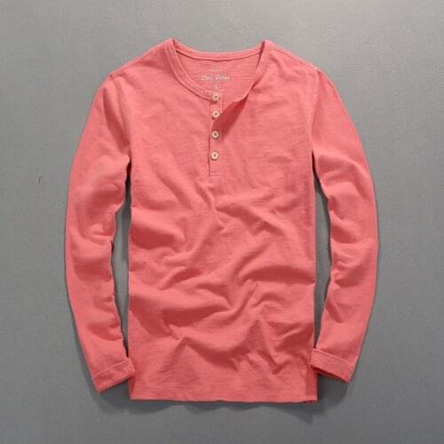 Spring Fashion Mens Long Sleeve Cotton T-Shirt Solid Color Vintage Button Neck Casual Thin Tops Tees Comfortable Tshirt