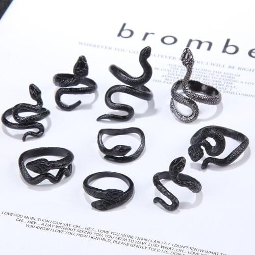 Retro Snake Rings Black Silver Color Metal Open Adjustable Design Animal Exaggerated Finger Ring for Women Men Party Jewelry