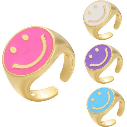 Adjustable Opening Wide Happy Smiley Filled Rings for Women Girls Geometric Circle Cute White Purple Pink Enamel Boho Jewelry