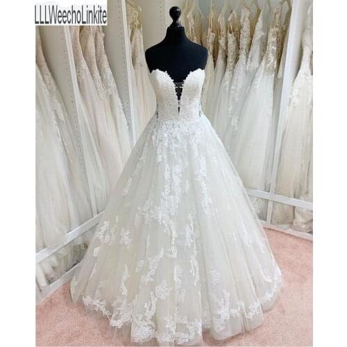 Ivory Lace Tulle Princess A-Line Wedding Dresses Chapel Train V-Neck Strapless Sleeveless Bridal Gowns Custom Made