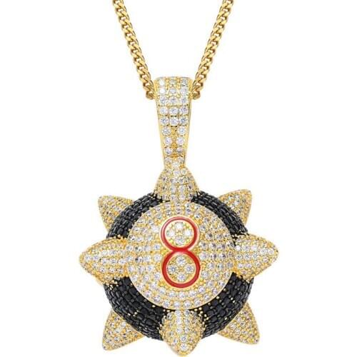 Iced Out Cubic Zircon Black 8 Ball Pendant Pave Bling Full Rhinestone Meteor Hammer Designer Necklace Hip Hop Jewelry