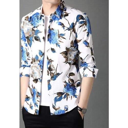 Male Floral Shirts High Quality Mens 100% Cotton Clothes Long Sleeve Casual Printed Shirts