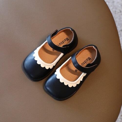 2021 Autumn New Lace Girl Princes Square Toe Girls' PU Leather Shoes Kids Shoes Cute Flats Casual Lady Shoes Chic Single Shoes