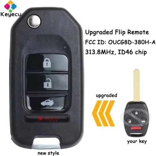 KEYECU Upgraded Flip Remote Car Key - 4 Buttons 313.8MHz ID46 Chip - FOB for Honda Accord 2003 2004 2005 2006 2007 OUCG8D-380H-A