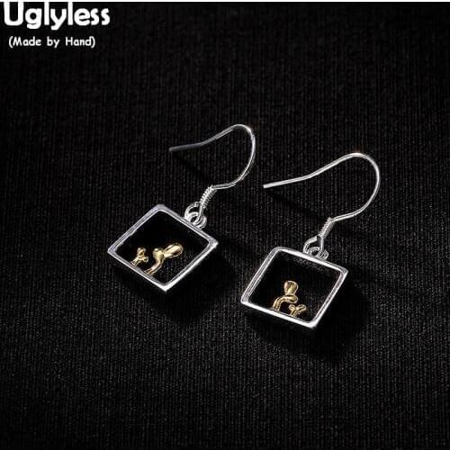 Uglyless Simple Hollow Square Earrings for Women Handmade Sprout Fine Jewelry Real Solid 925 Sterling Silver Geometric Earrings
