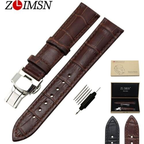 ZLIMSN Watch Strap Deployment Butterfly Clasp Soft Top Grade Crocodile Grain Brown Genuine Leather Watchband Replacement 18 20mm