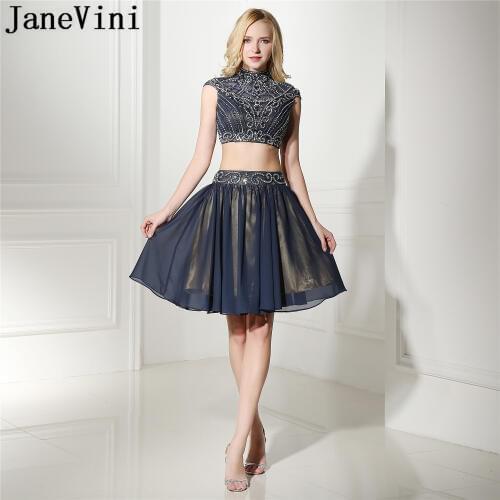 JaneVini Luxury Rhinestones Homecoming Dresses 2 Pieces Short Navy Beaded High Neck Bling Crystal Junior Graduation Party Dress