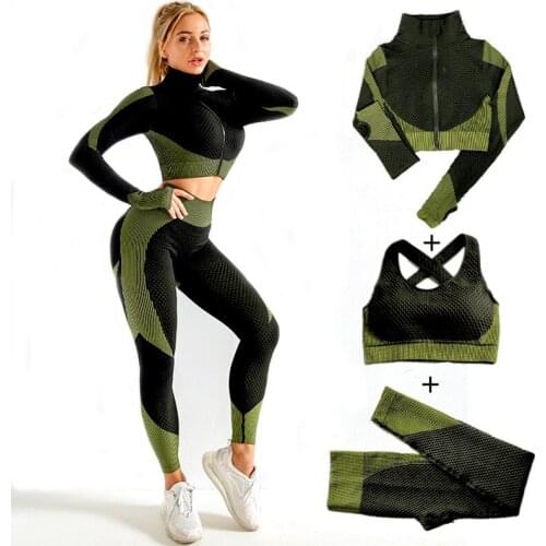 Backless Yoga Set Seamless Gym Set Women Running 2/3pcs Set Women Sport Long Sleeve Fitness Clothing Gym brassiere sport femme