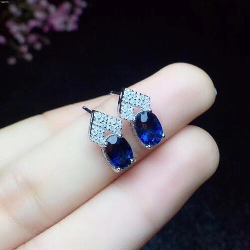 Sapphire stud earring Natural real blue sapphire earrings 925 sterling silver 5*7mm*2pcs gems For men or women jewelry